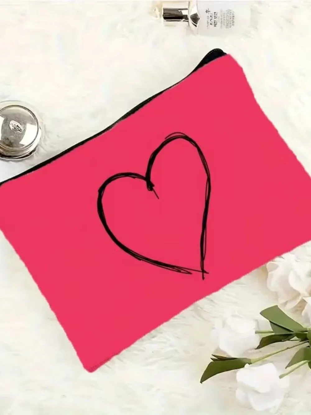 Bright Pink Black Heart Makeup Bag